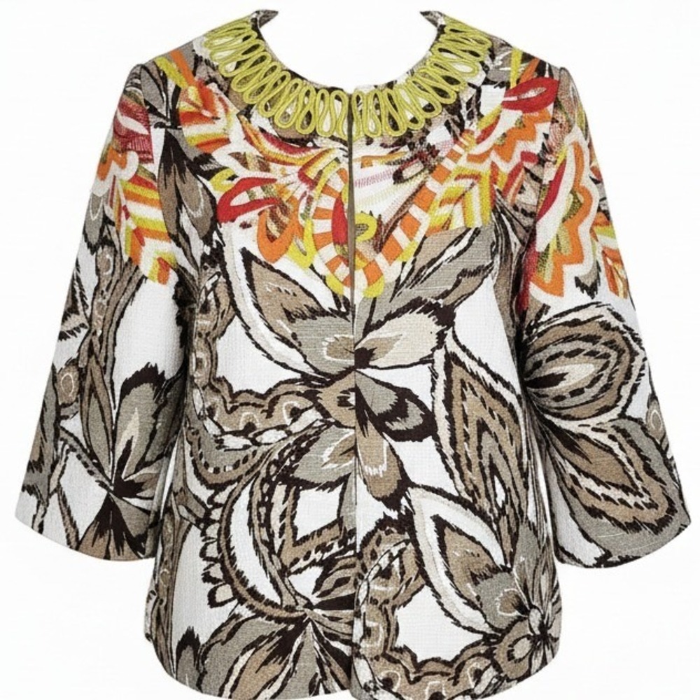Chicos Size XL Embroidered Neck Jacket Maximalist Colorful Ikat Artsy‎ Floral